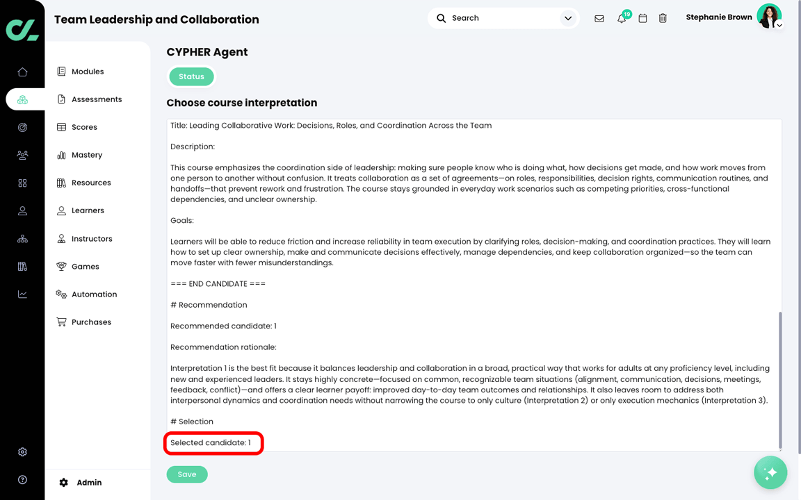 CYPHER Agent Choose course interpretation Markdown file in Edit mode, with the Selected candidate highlighted