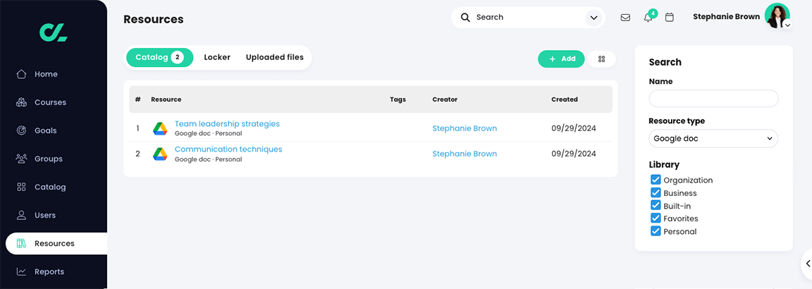 Resources, Catalog page listing the files imported from Google Drive