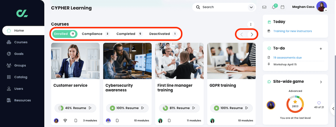 Learner home page dashboard, Courses widget with the Enrolled, Compliance, Completed, and Deactivated tabs and navigation arrows highlighted
