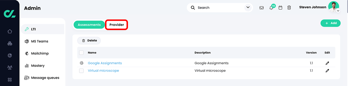 Admin, LTI, Provider tab highlighted 