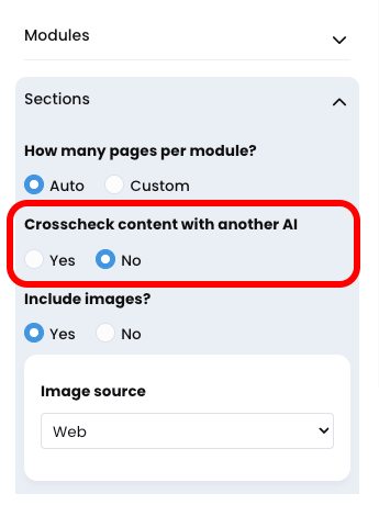 CYPHER Agent menu, Content tab opened with Crosscheck content with another AI highlighted