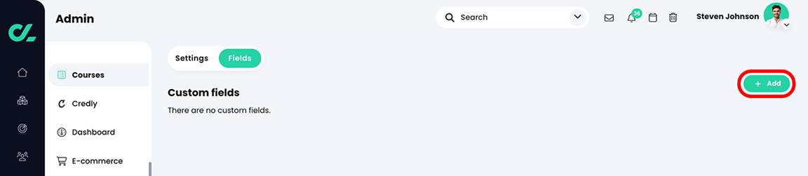 Admin, Courses, Fields tab with the Add button highlighted