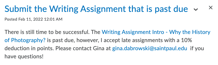 a screenshot of an announcement telling students to submit a past due assignment