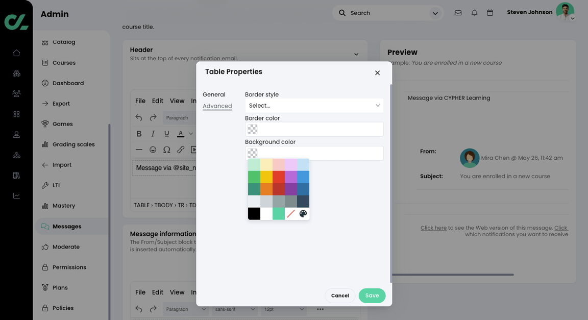 Table properties pop-up with the Background color menu active