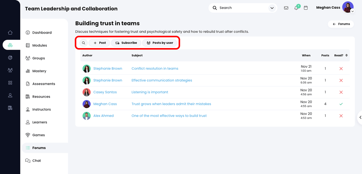 Page du forum affichant les boutons de recherche, de publication, d'abonnement et de publications des utilisateurs mis en évidence