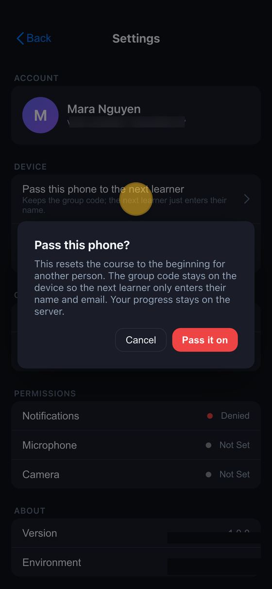 Pass this phone confirmation dialog in the learner app