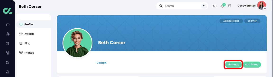 Administrator profile with the Message button highlighted