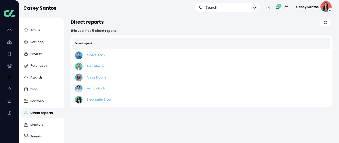 Manager profile, Direct reports page