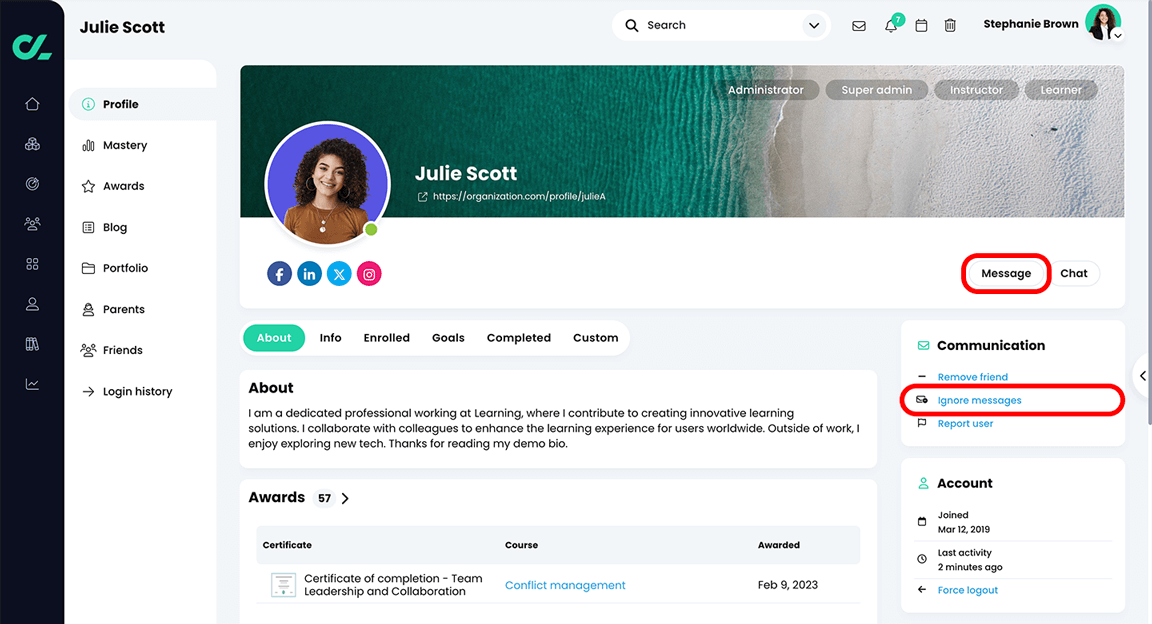 User profile page with the Message and Ignore messages buttons highlighted