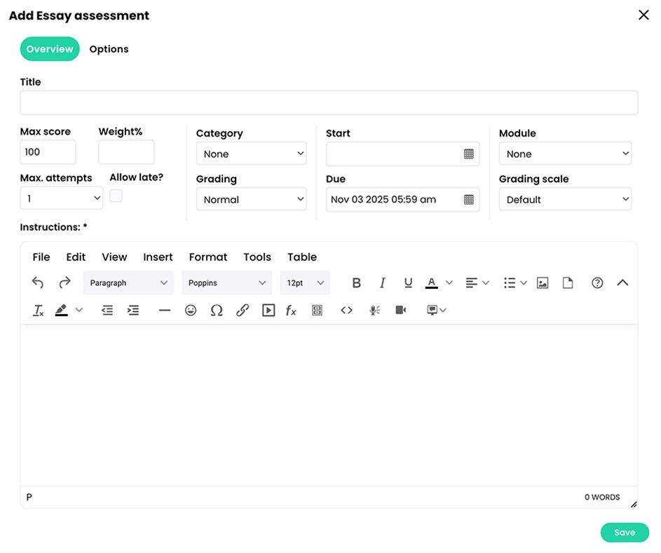 Add Essay assessment pop-up, Overview tab
