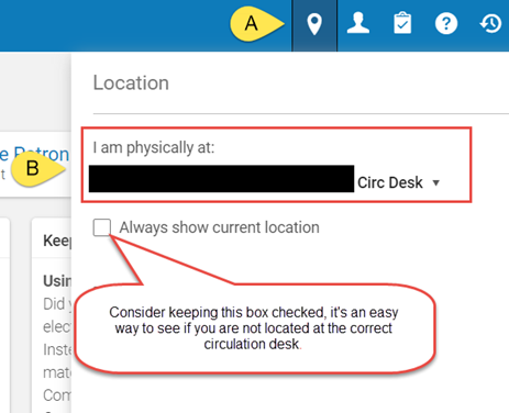 Steps 1 and 2 to switch user location. Physical location is highlighted in red box with red speech ballon pointing to the Always show current location with recommendation to keep it checked. 