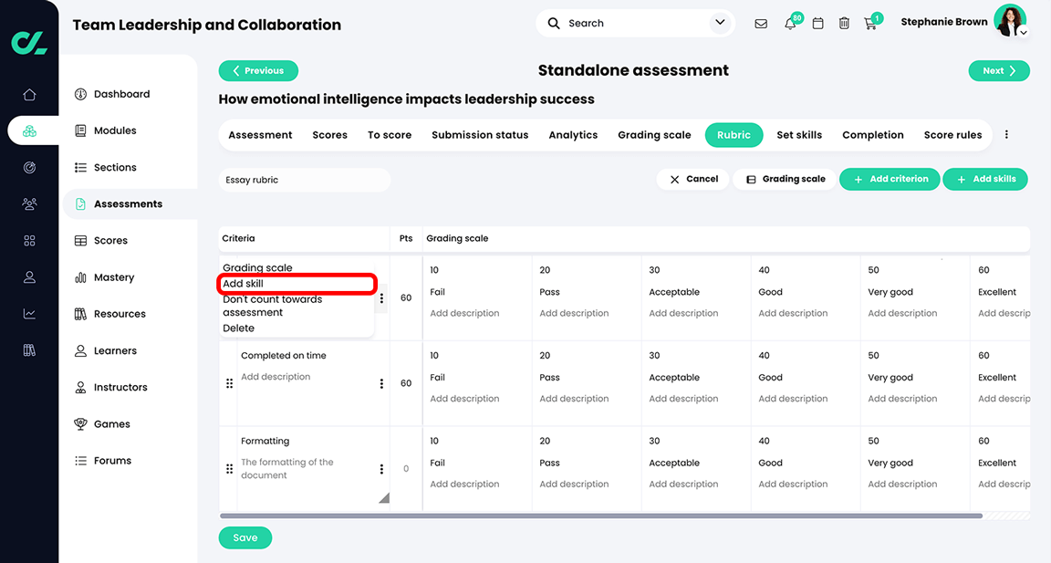 Course, Assessments, Essay Assessment, Rubric tab with the More menu active for a criterion cell and the Add skill button highlighted on the menu