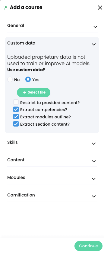 CYPHER Agent, Add a course, Custom data tab with the Yes radio button selected