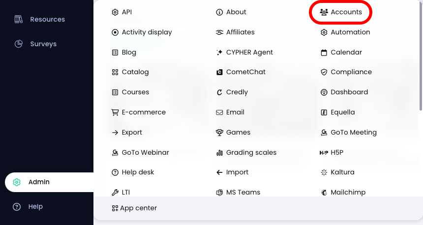 Admin menu active with Accounts highlighted