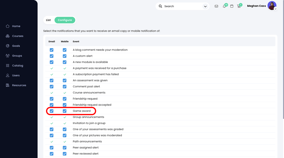 Notifications, Configure page showing Game award option highlighted