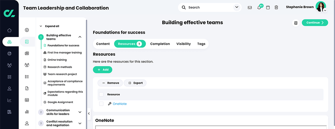 Course, Module, Section, Resources tab