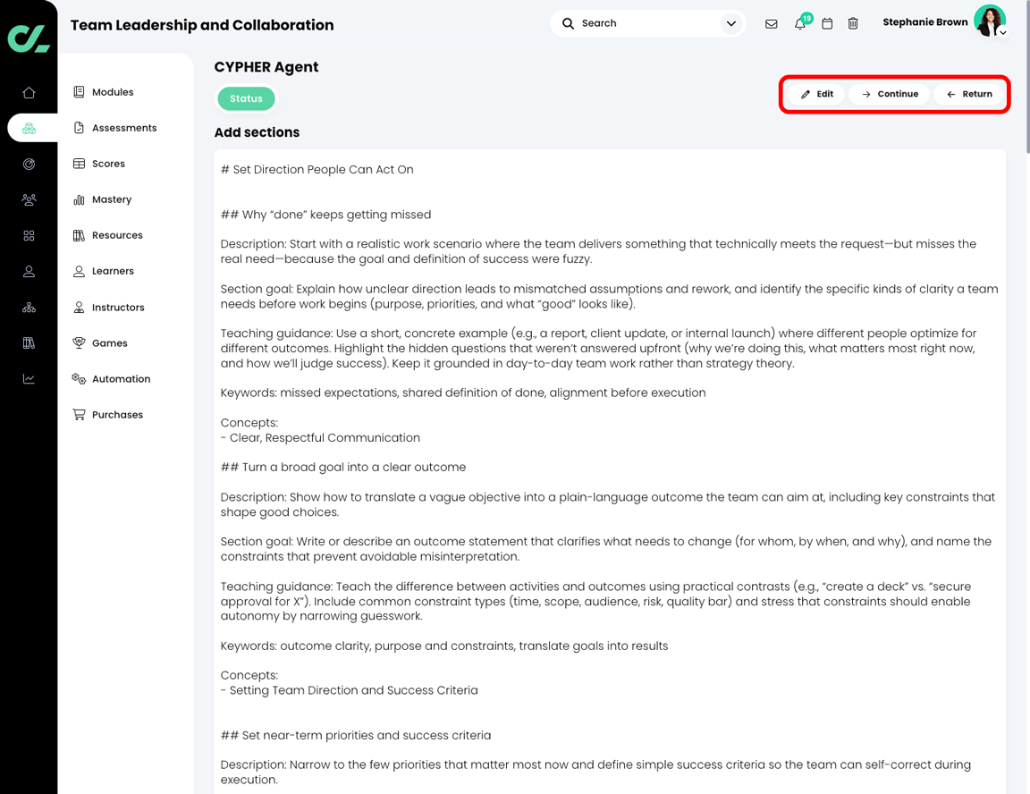 CYPHER Agent Add sections Markdown file, with the Edit, Continue, and Return buttons highlighted