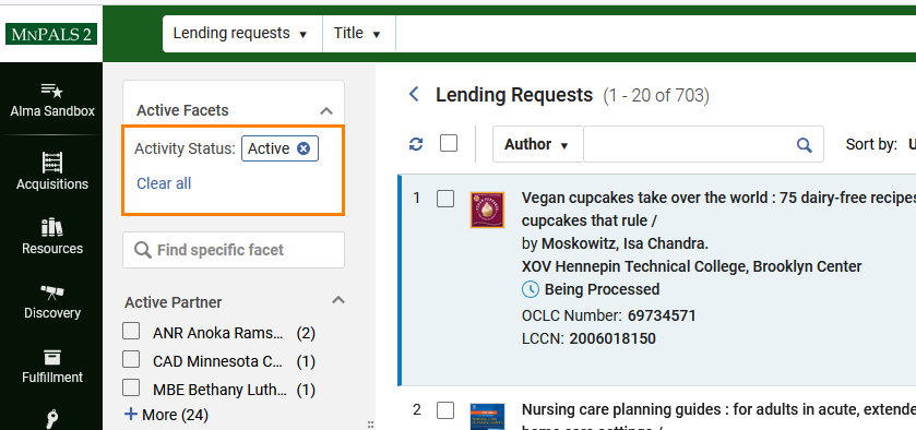 Activity status facet with Active request facet seleted