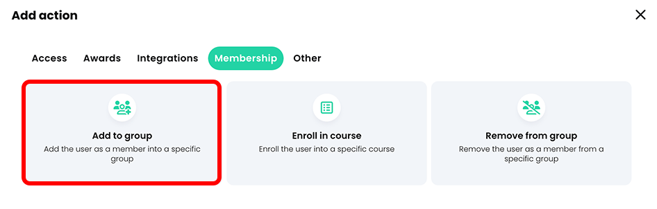 Add action pop-up, Membership tab with the Add to group button highlighted