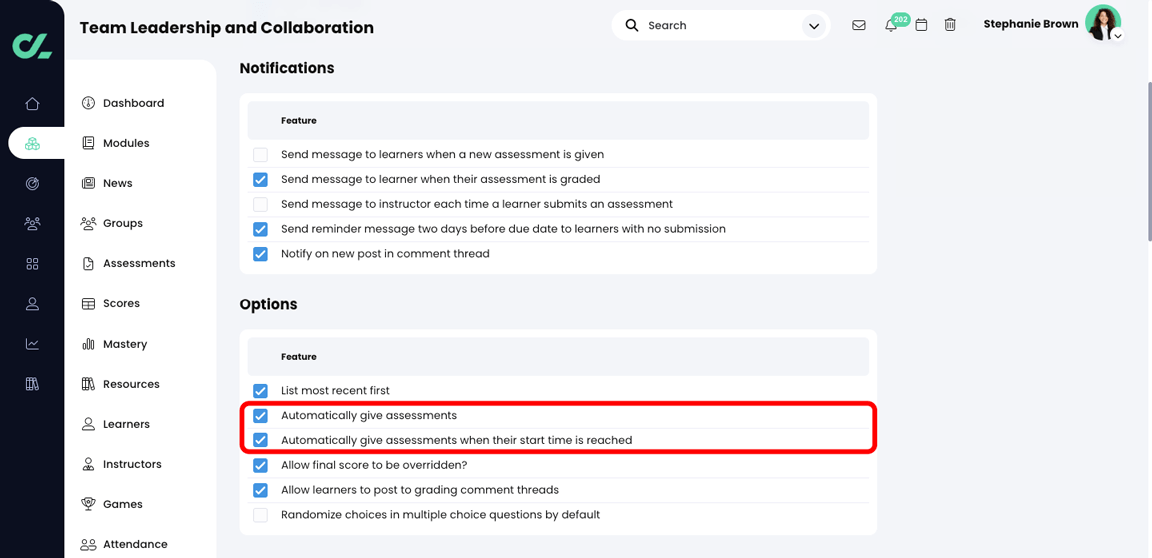 Admin, Assessments tab, with the Automatically give assessments and Automatically give assessments when their start time is reached checkboxes selected and highlighted
