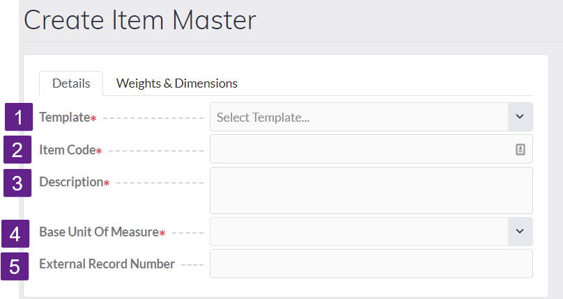 Create Item Master screen