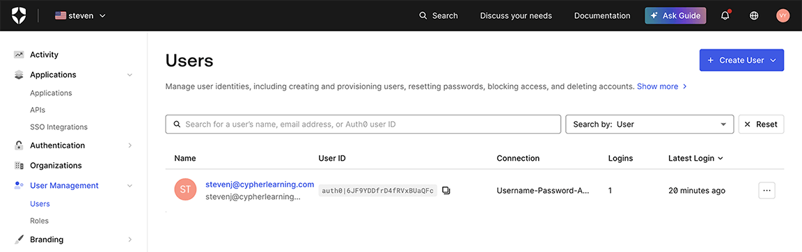 Auth0, User Management, Users page with an updated email address for an example user