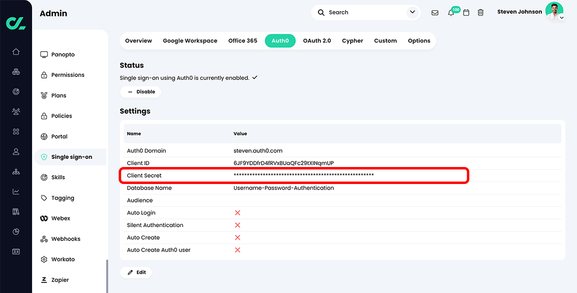 Admin, Single sign-on, Auth0 tab with Auth0 enabled and the Client Secret highlighted