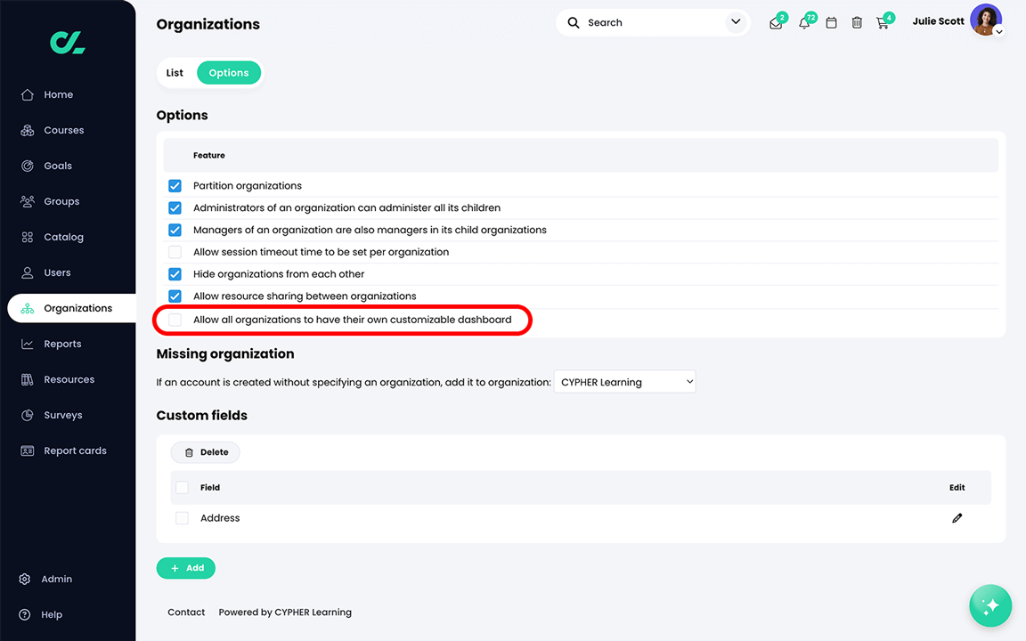 Organizations, Options with the Allow all organizations to have their own customizable dashboard setting highlighted