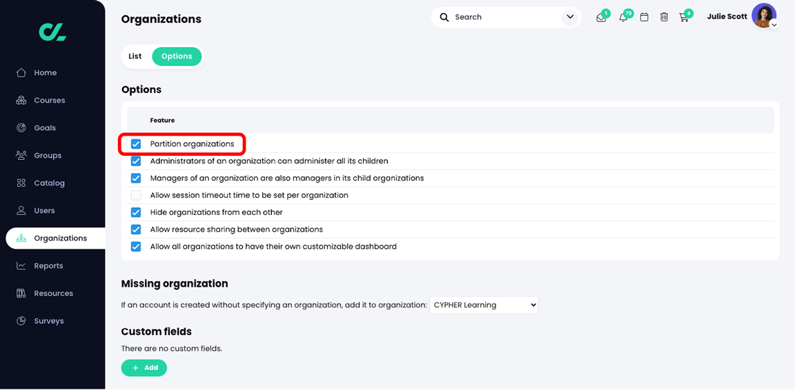 Organizations, Options tab with the Partition organizations setting selected and highlighted
