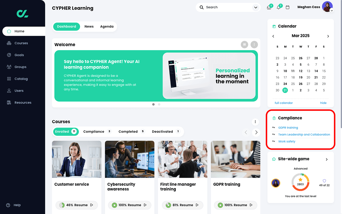 Home dashboard, Compliance widget highlighted