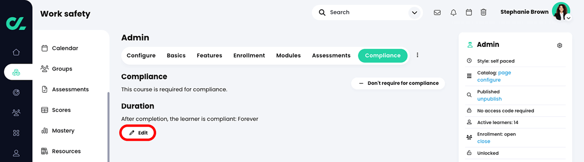 Course, Admin, Compliance page, Duration section with the Edit button highlighted