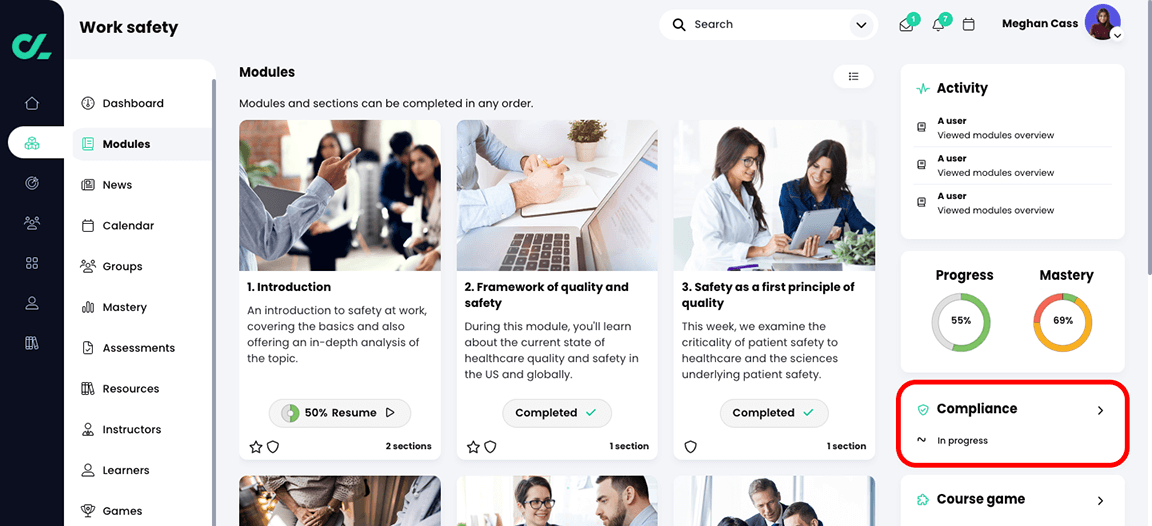 Course, Modules page with compliance widget highlighted