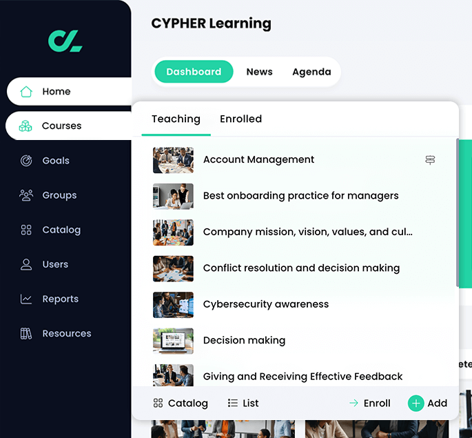 Primary navigation menu with the Courses menu active and the Teaching tab selected