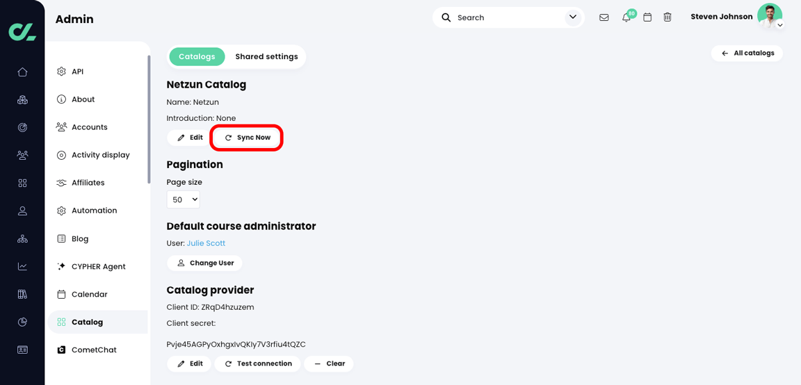 Admin, Catalog, Netzun settings page with the Sync now button highlighted in the Netzun Catalog section