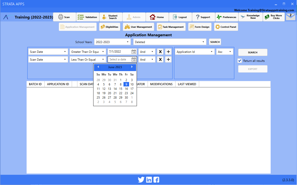 Strata Apps Application Management interface with the date selector fully expanded to show the month of June 2023.