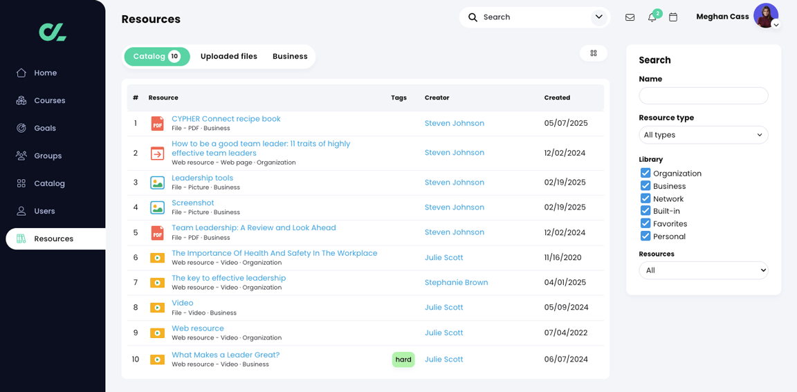 Resources page, Catalog tab