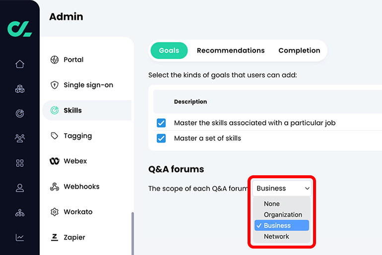 Admin, Skills, Goals tab with the 'The scope of each Q&A forum' menu active and highlighted