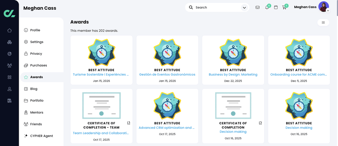 User profile, Awards page