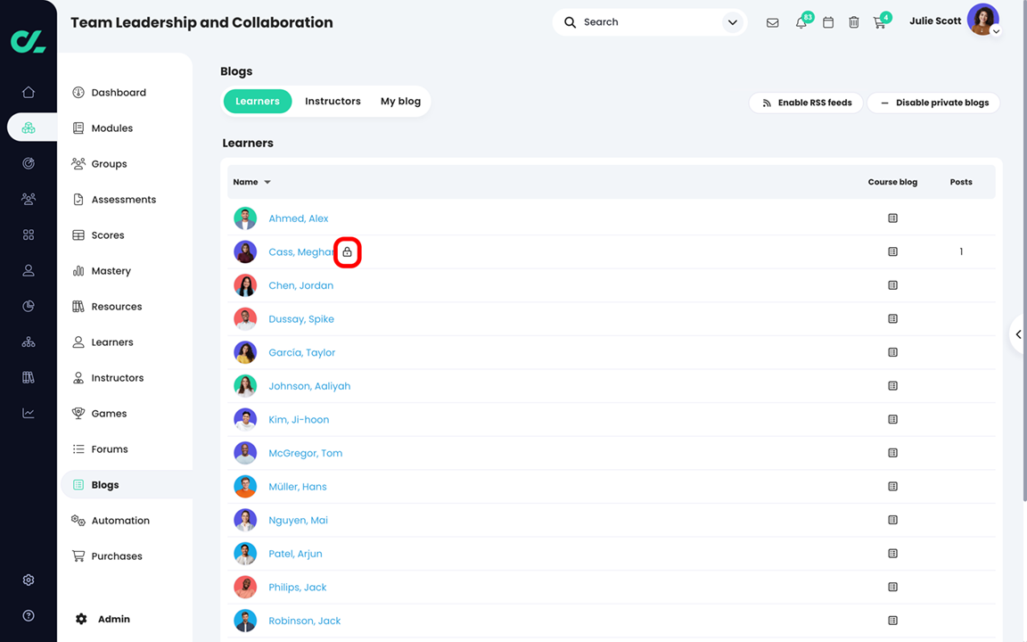 Course, Blogs, Learners page highlighting a lock icon next to a learner's name indicating a private blog