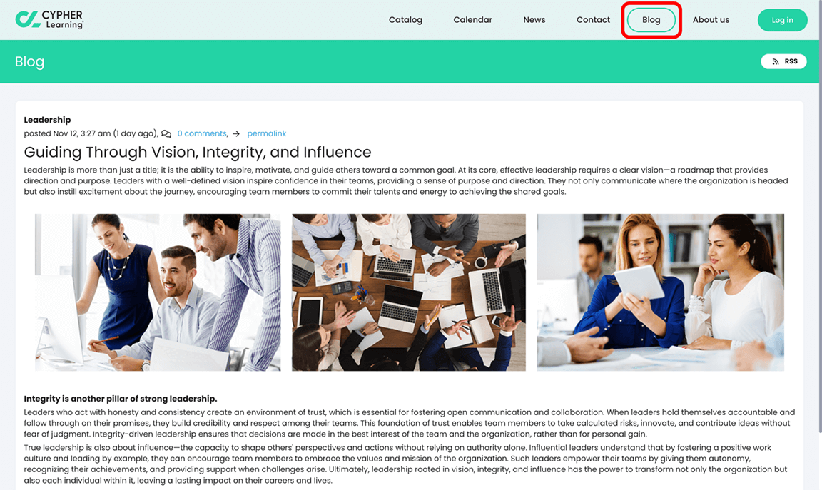 Visitor portal, Blog page showing the public view of the blog