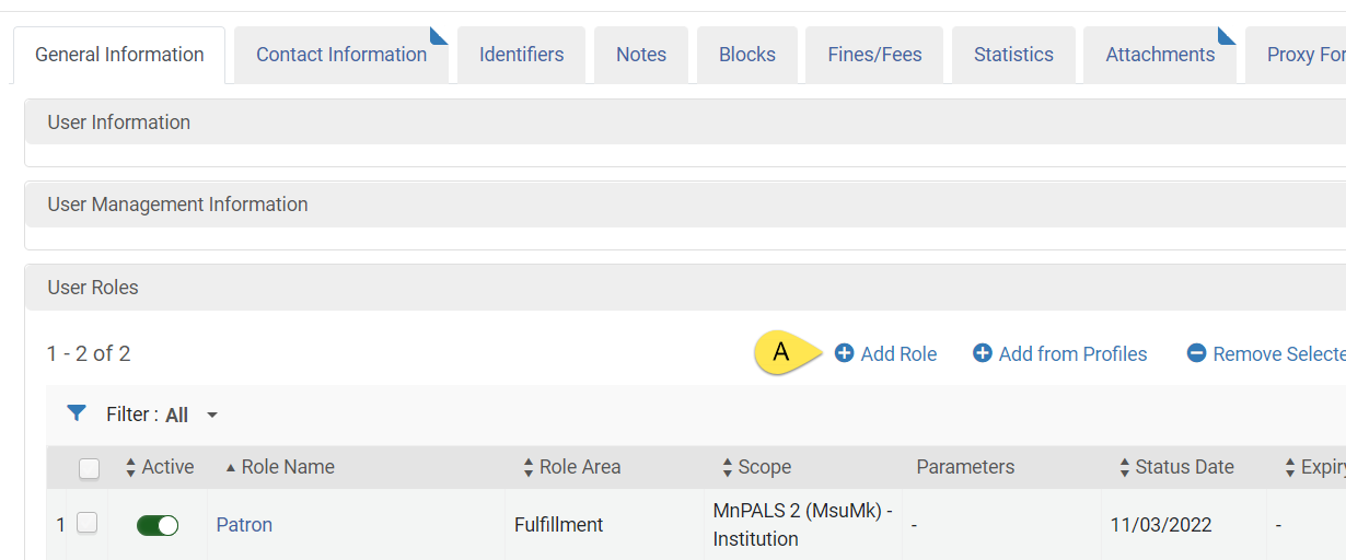 Screenshot of user role section with yellow flag, a, indicating Add Role, Step 4