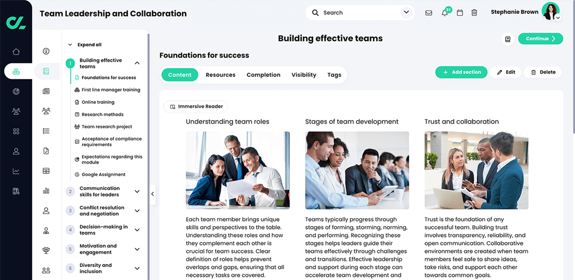 Course, Module, Section, Content page