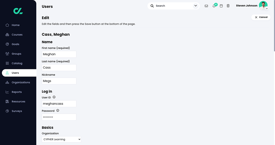Users, Edit users page