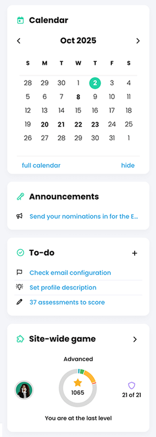 Right panel with the Calendar, Announcements, To-do, and Site-wide game widgets displayed
