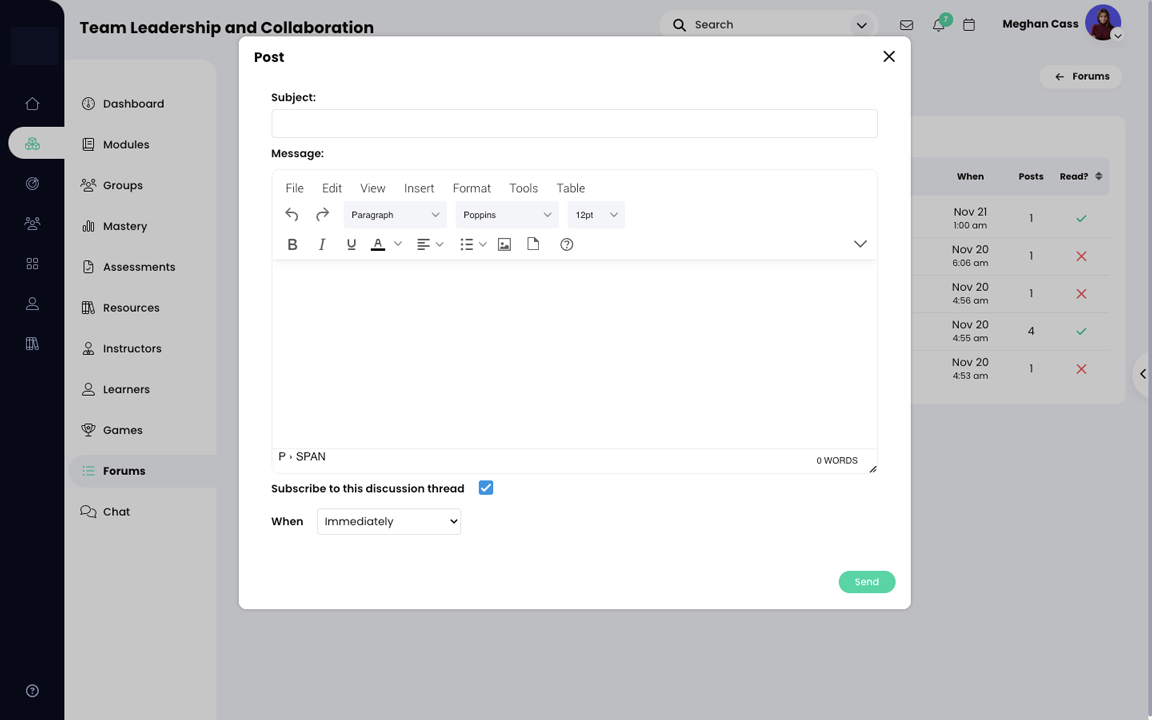 Une fenêtre contextuelle s'ouvre avec les champs Sujet et Message.