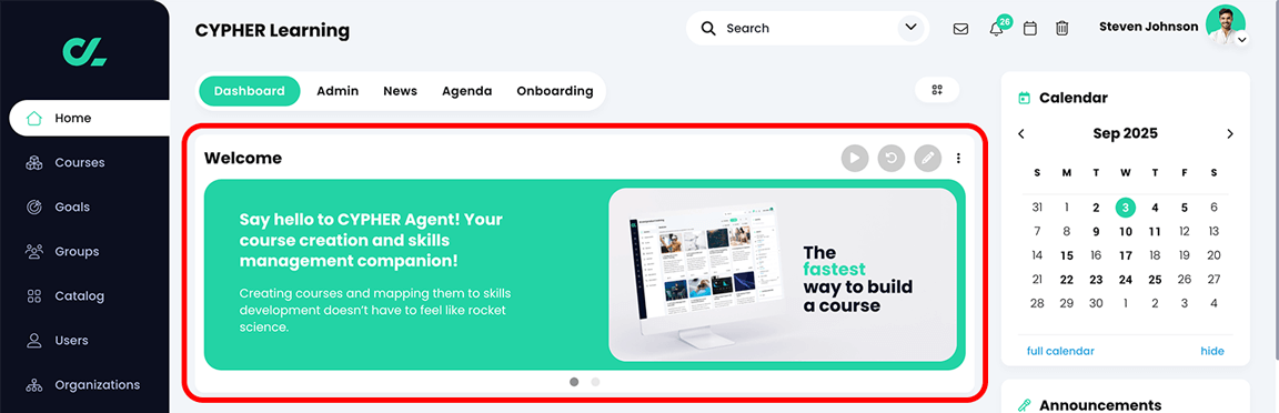 Home dashboard with the banner widget highlighted