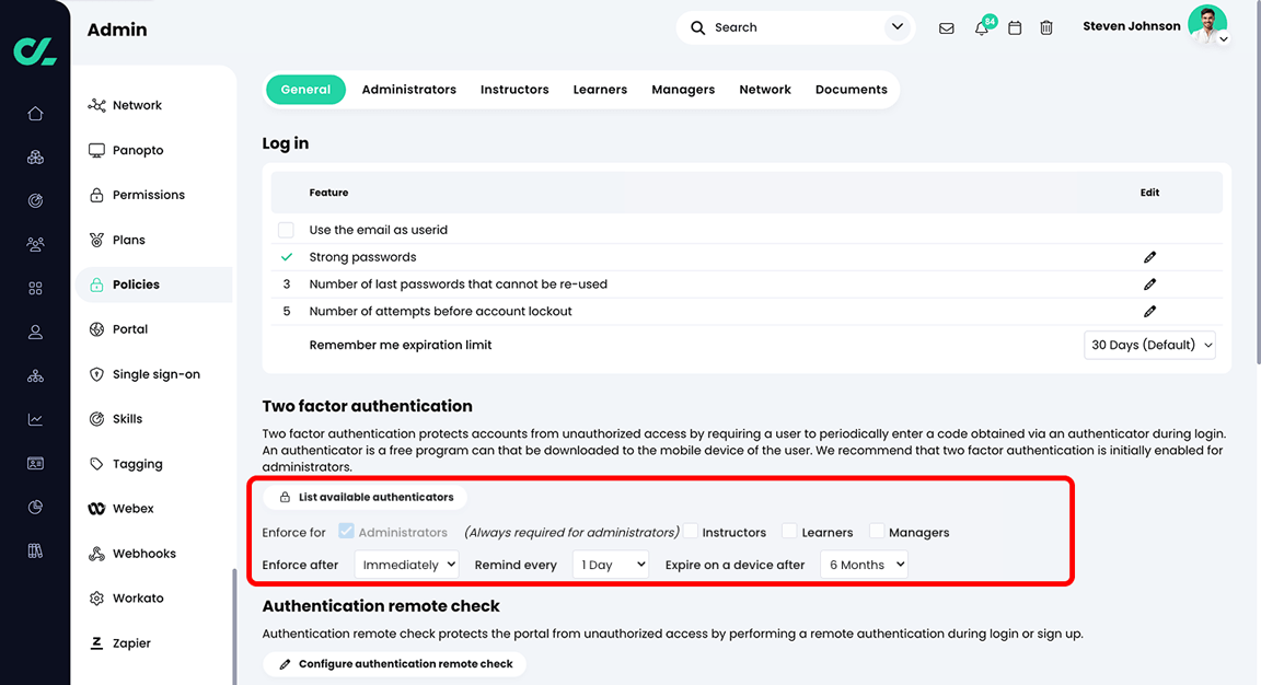 Admin, Policies, General tab with the Two factor authentication section highlighted