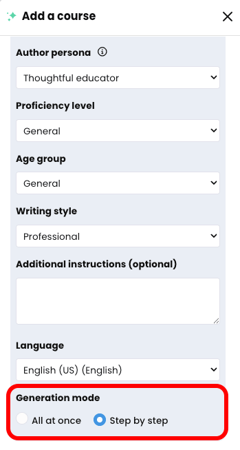 CYPHER Agent menu, General tab with Generation mode highlighted and Step by step selected