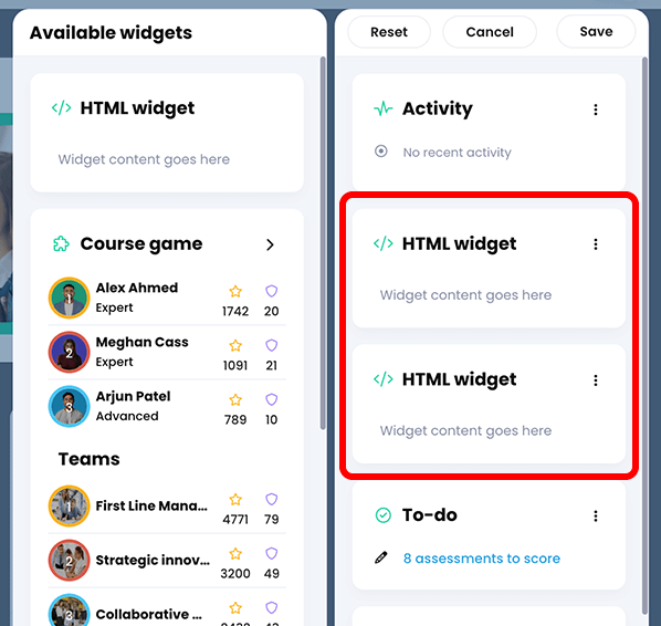 Bearbeitungs-Dashboard-Bildschirm mit zwei hervorgehobenen HTML-Widgets im rechten Bereich