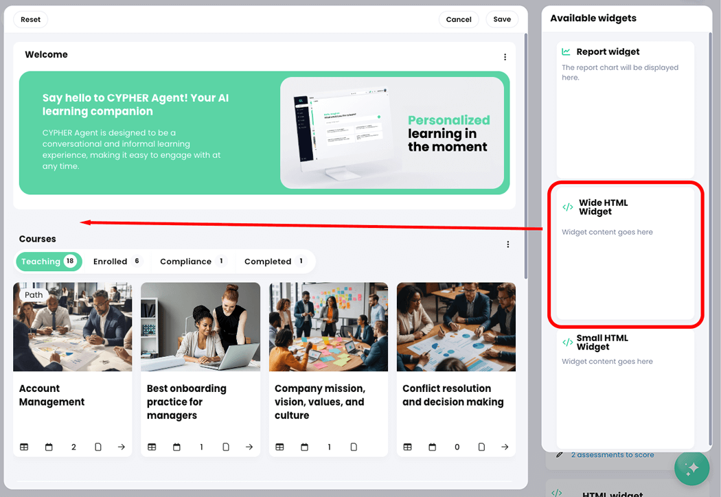 Center panel edit mode with the Wide HTML Widget highlighted in the Available widgets column with an arrow pointing at the center panel